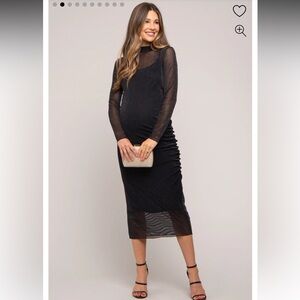 Pink blush Black Shimmer Mesh Long Sleeve Ruched Maternity Midi Dress medium